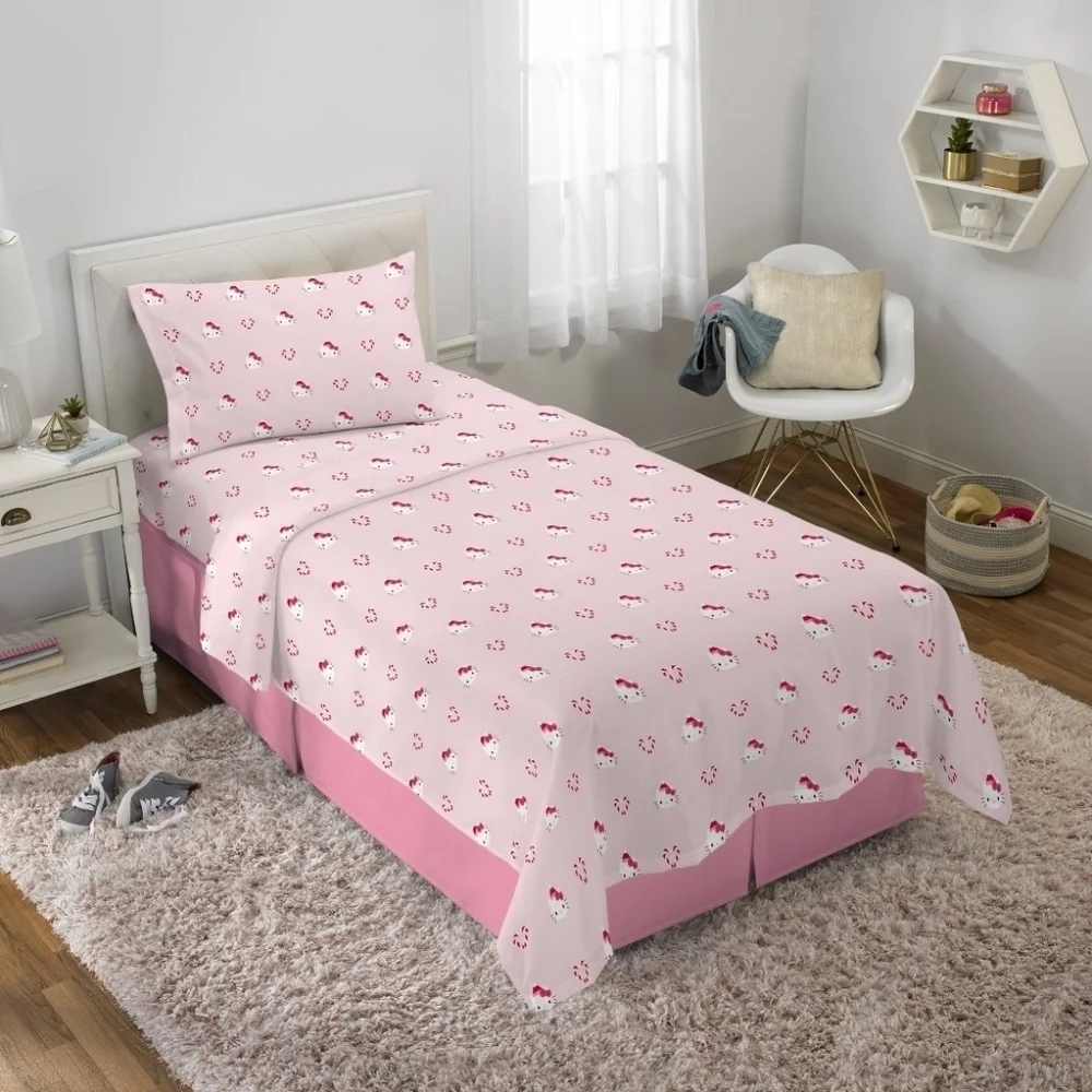 New pink Hello Kitty Twin Sheet Set Christmas candy cane Valentine's heart print